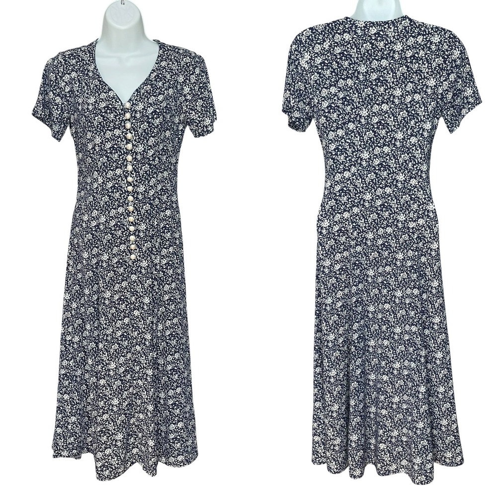Vintage Paris Sport Club Dress Navy Floral Midi Faux Pearl Button Juniors Size 3
